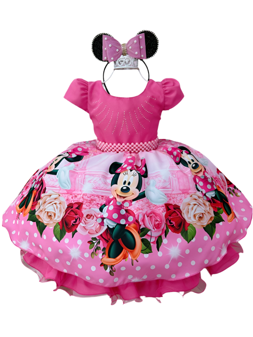 Vestido infantil de Minnie Mouse con flores rosas y diamantes de imitación y cinturón de perlas