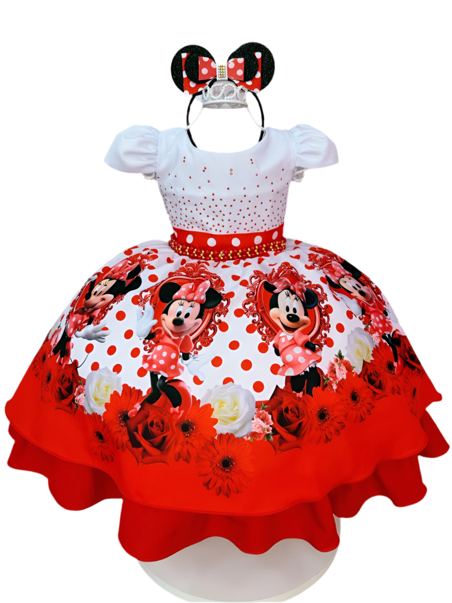 Vestido de Minnie Mouse con lunares rojos y perlas y tiara