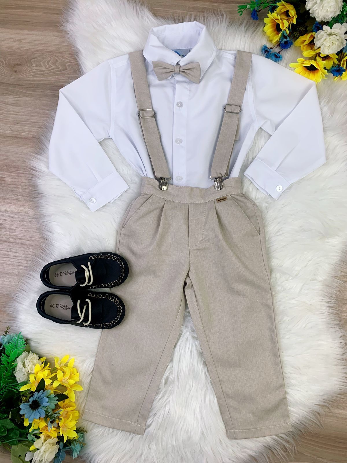 Conjunto formal: Camisa blanca, pantalón, tirantes beige