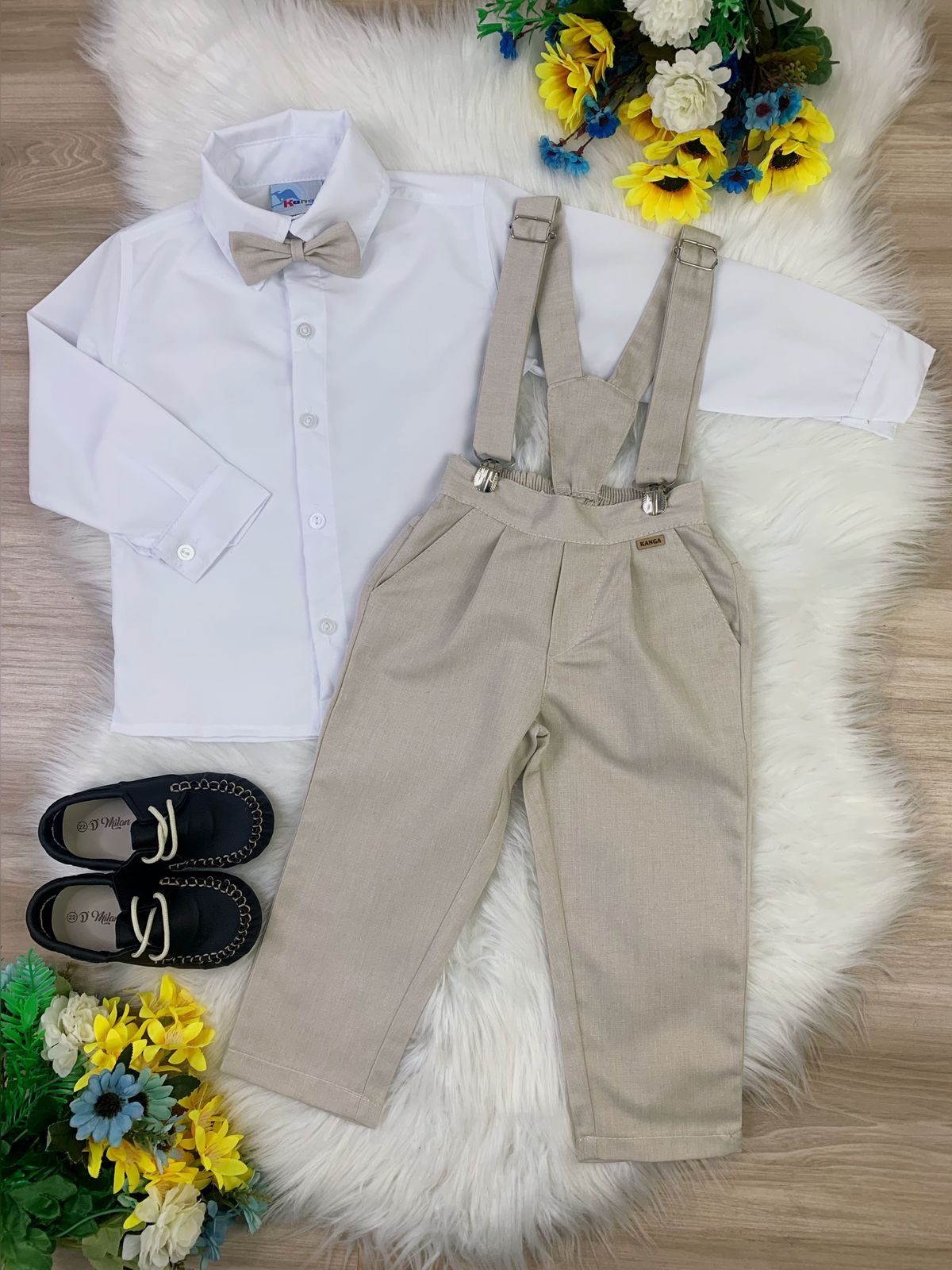 Conjunto formal: Camisa blanca, pantalón, tirantes beige