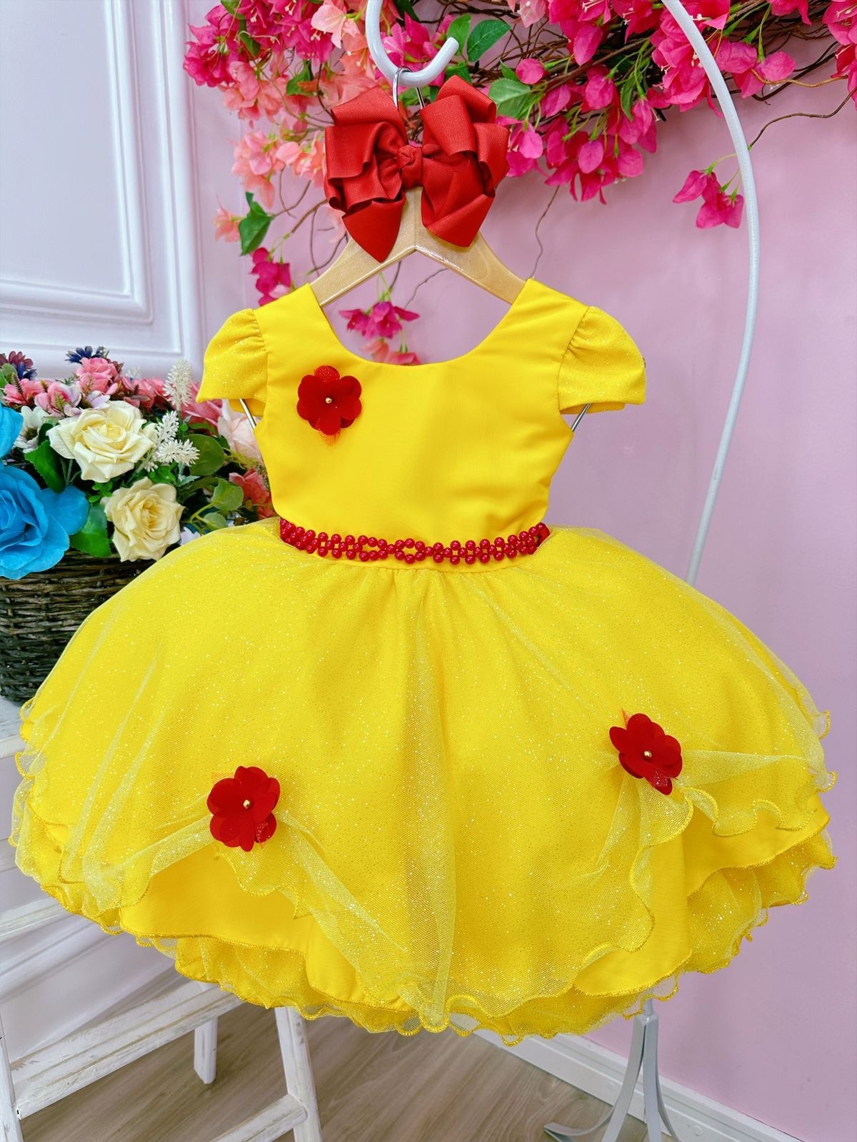 Vestido infantil de La Bella y la Bestia con falda brillante y aplique de flores