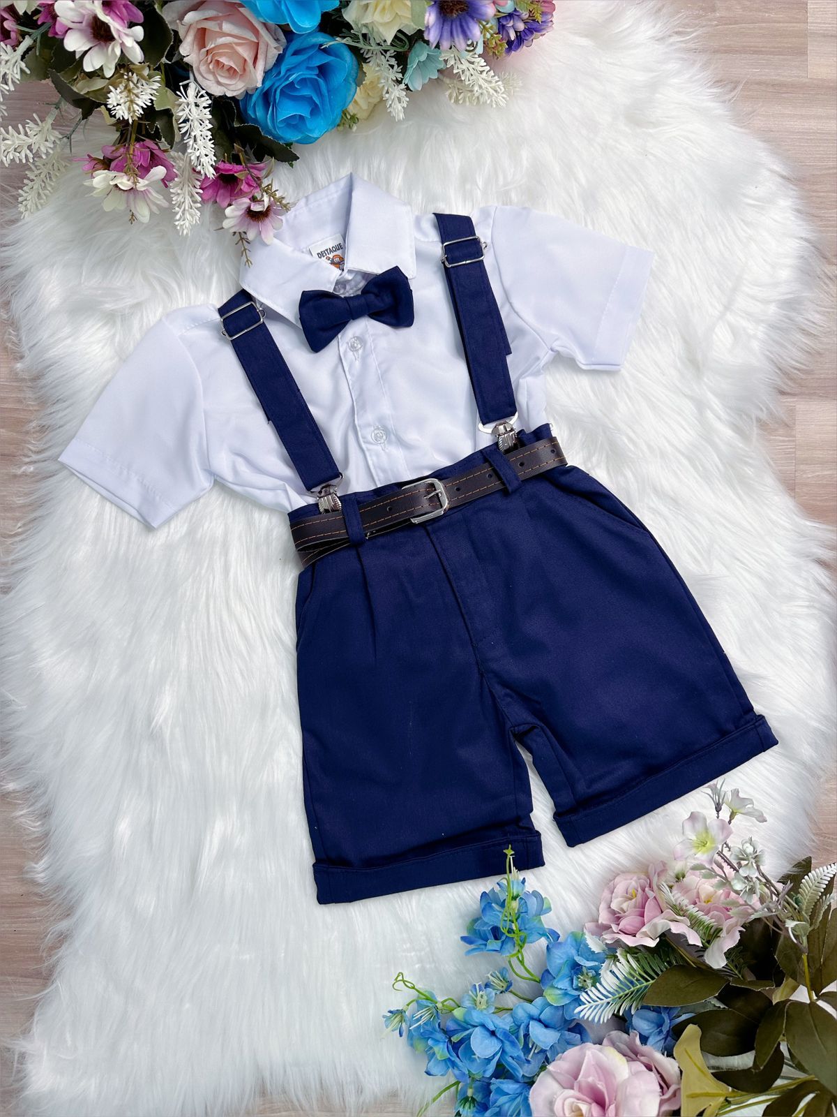 Conjunto Formal Pantalón Corto Tirantes Camisa Azul Marino Corbata