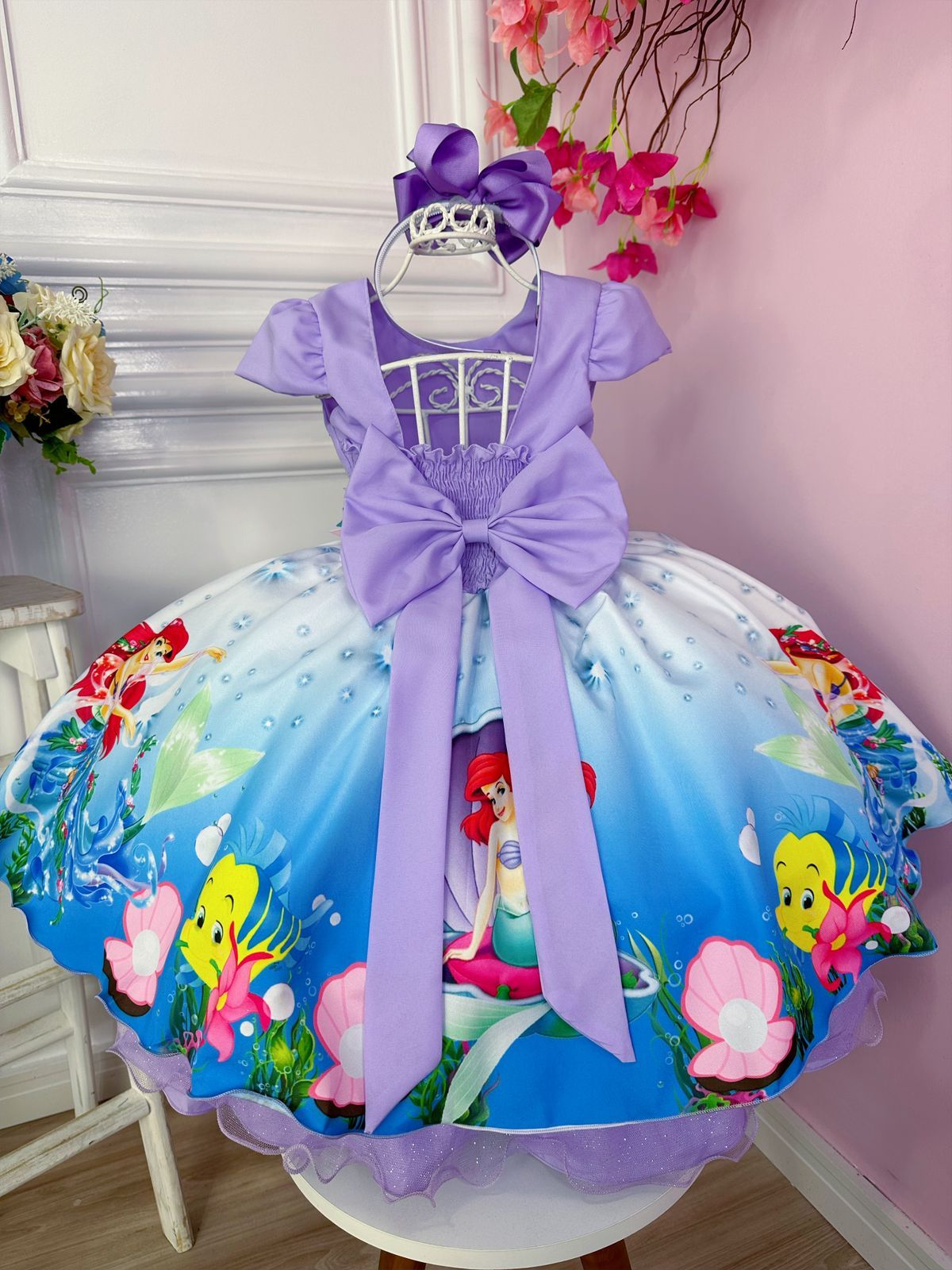 Vestido infantil de princesa Ariel sirena con apliques de diamantes de imitación color lila