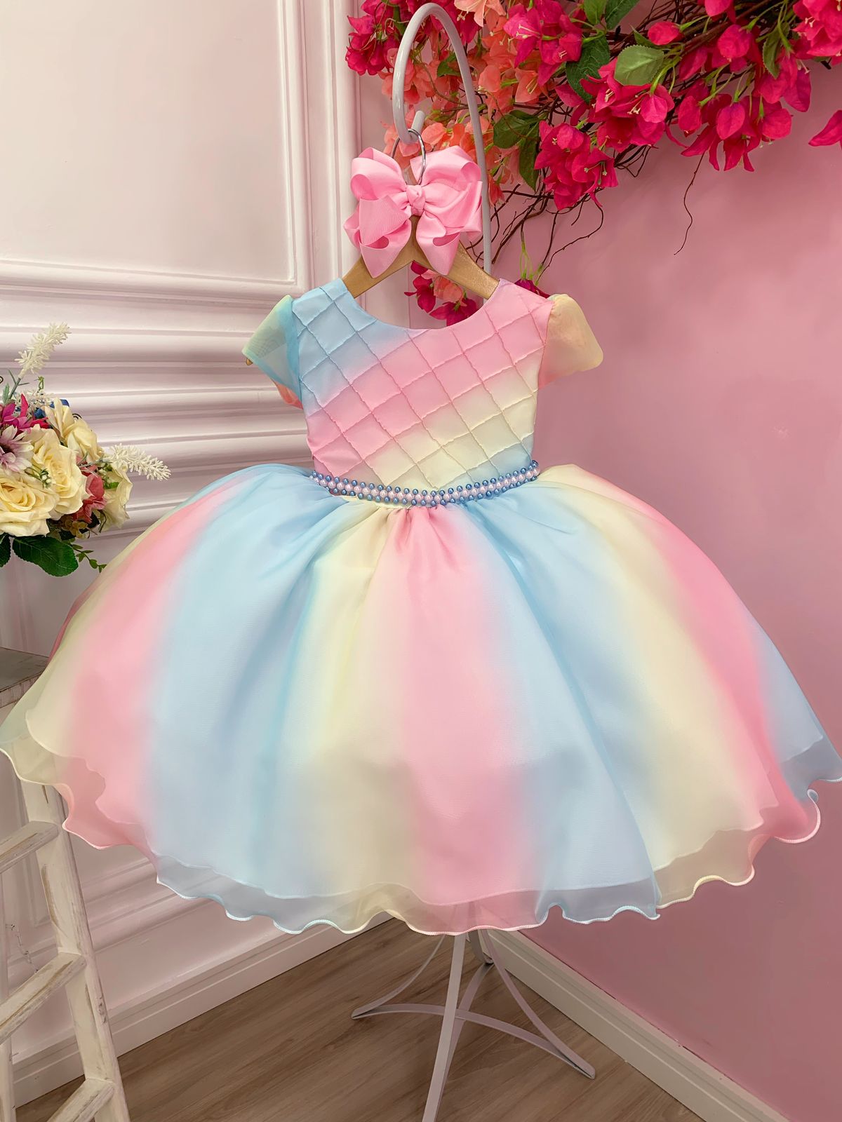 Vestido infantil Lluvia de Bendiciones de Amor con Cinturón de Perlas