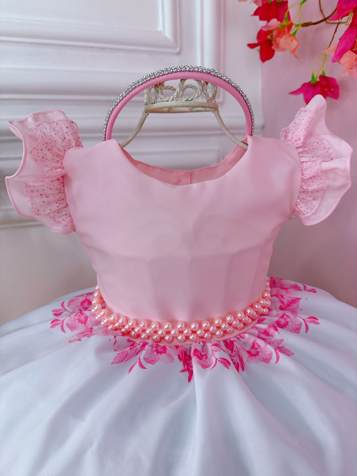 Vestido de fiesta de cumpleaños de princesa rosa con tiara