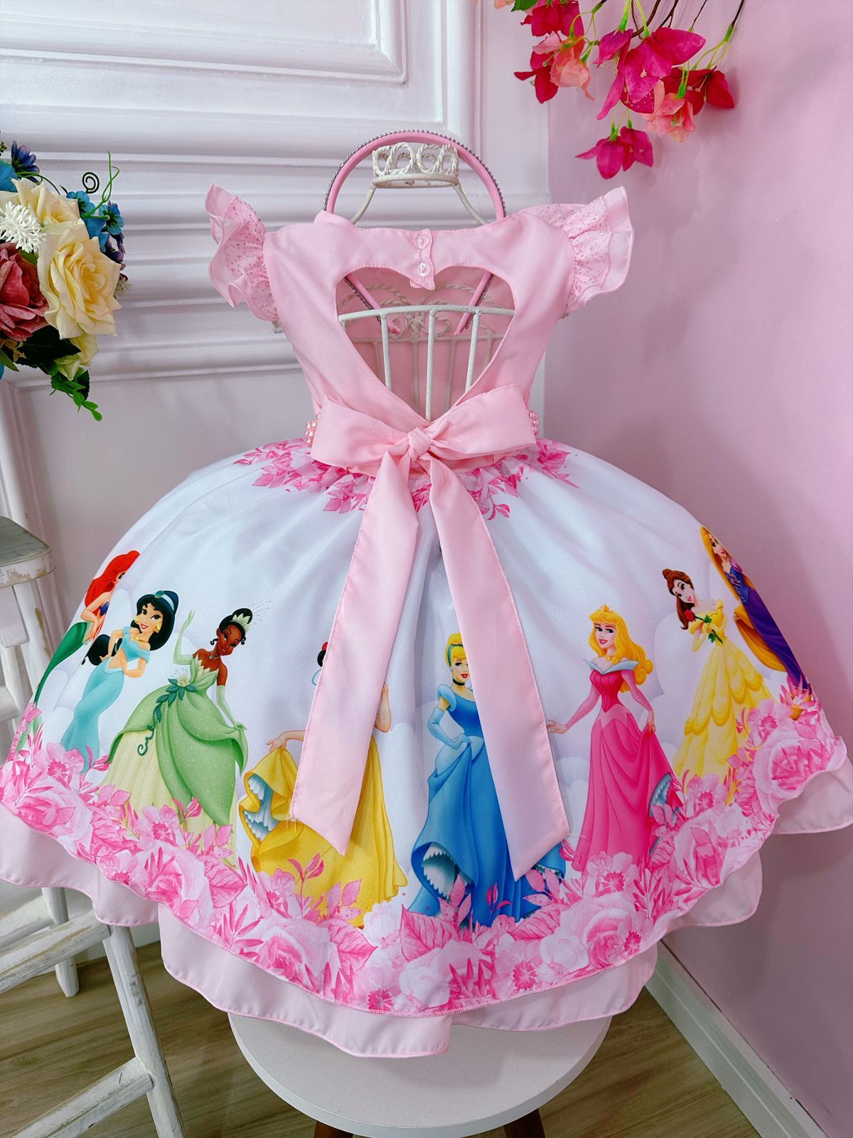 Vestido de fiesta de cumpleaños de princesa rosa con tiara