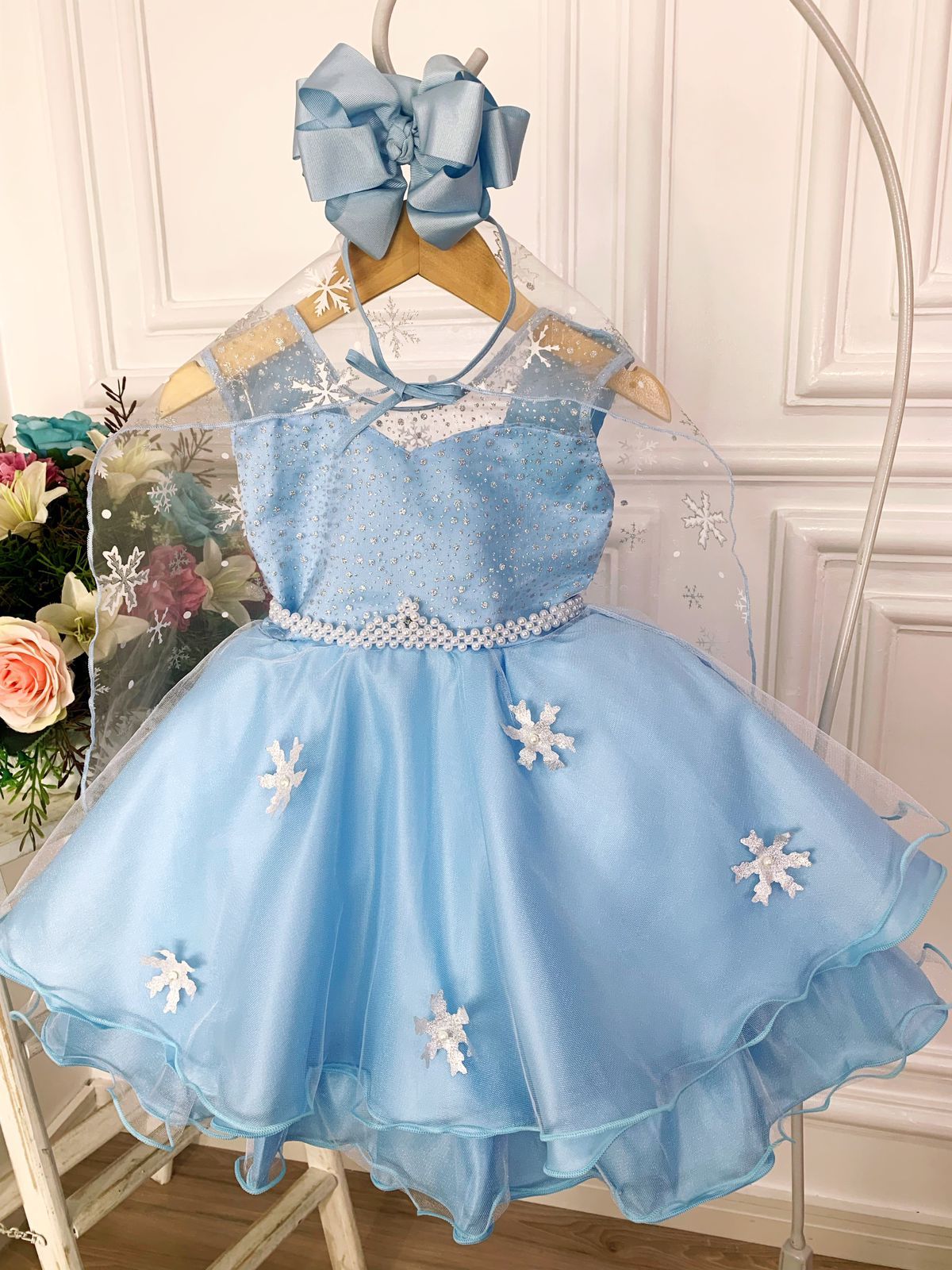 Vestido infantil Elsa Frozen azul hielo con capa de lujo para fiestas