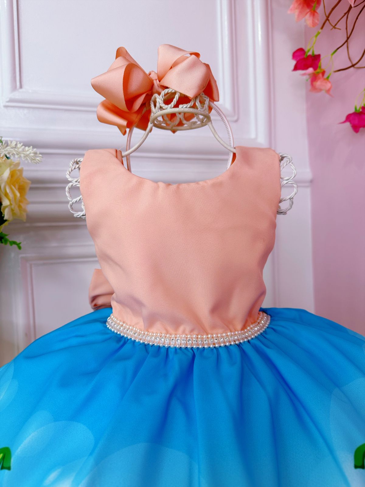 Vestido Infantil Moana Baby Pêssego e Azul Luxo Festa