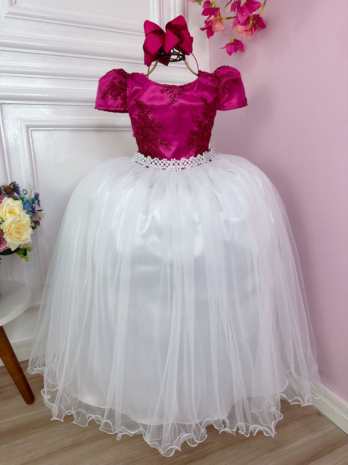 Vestido Infantil Pink C/ Renda Saia Branca Damas Longo