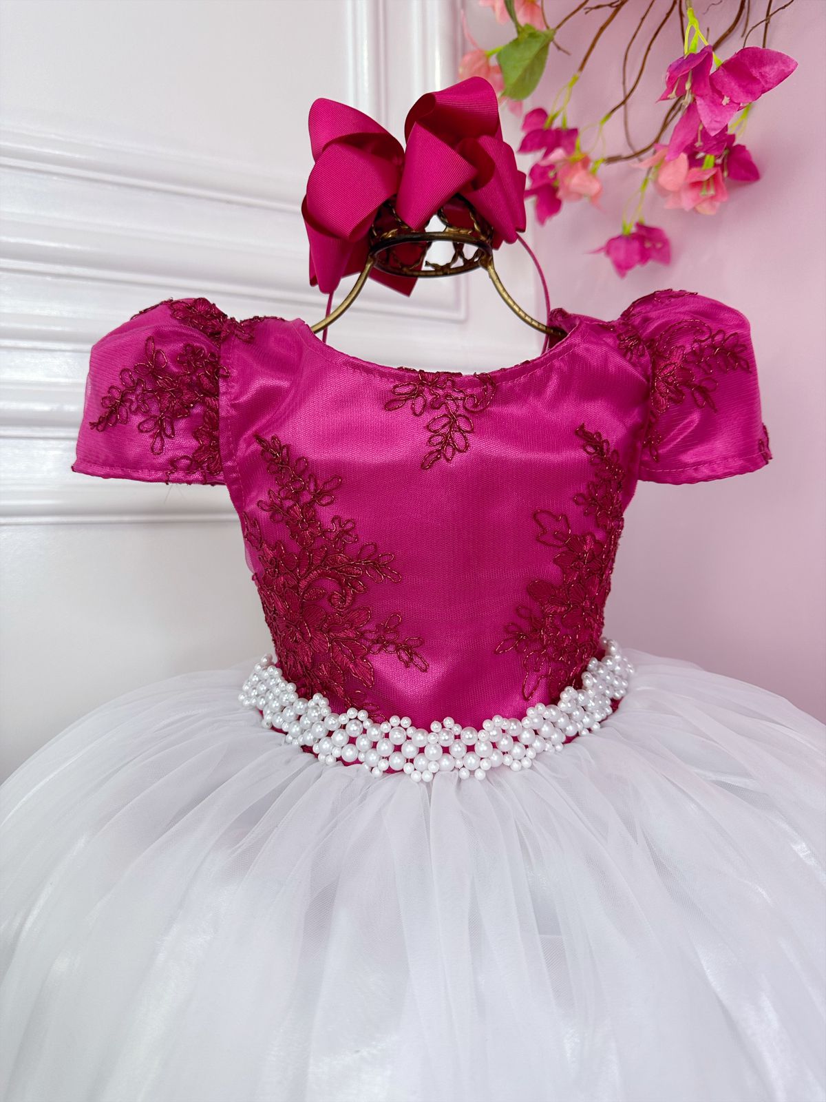 Vestido Infantil Pink C/ Renda Saia Branca Damas Longo