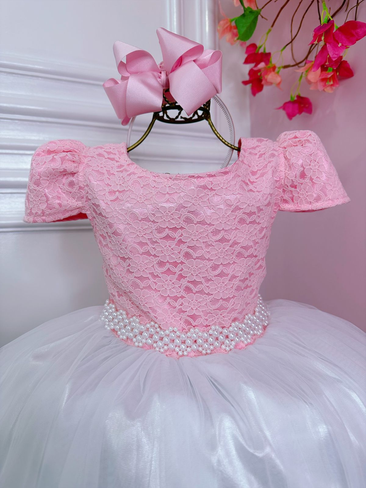 Vestido infantil rosa con encaje y falda blanca, largo para mujer