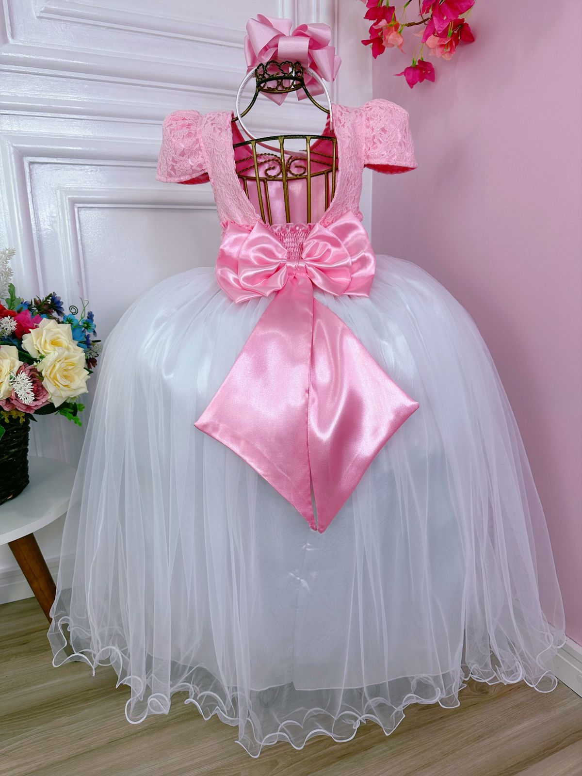 Vestido infantil rosa con encaje y falda blanca, largo para mujer