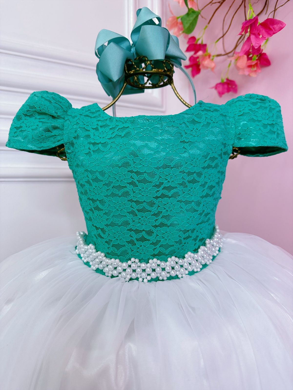 Vestido Infantil Verde C/ Renda Saia Branca Damas Longo