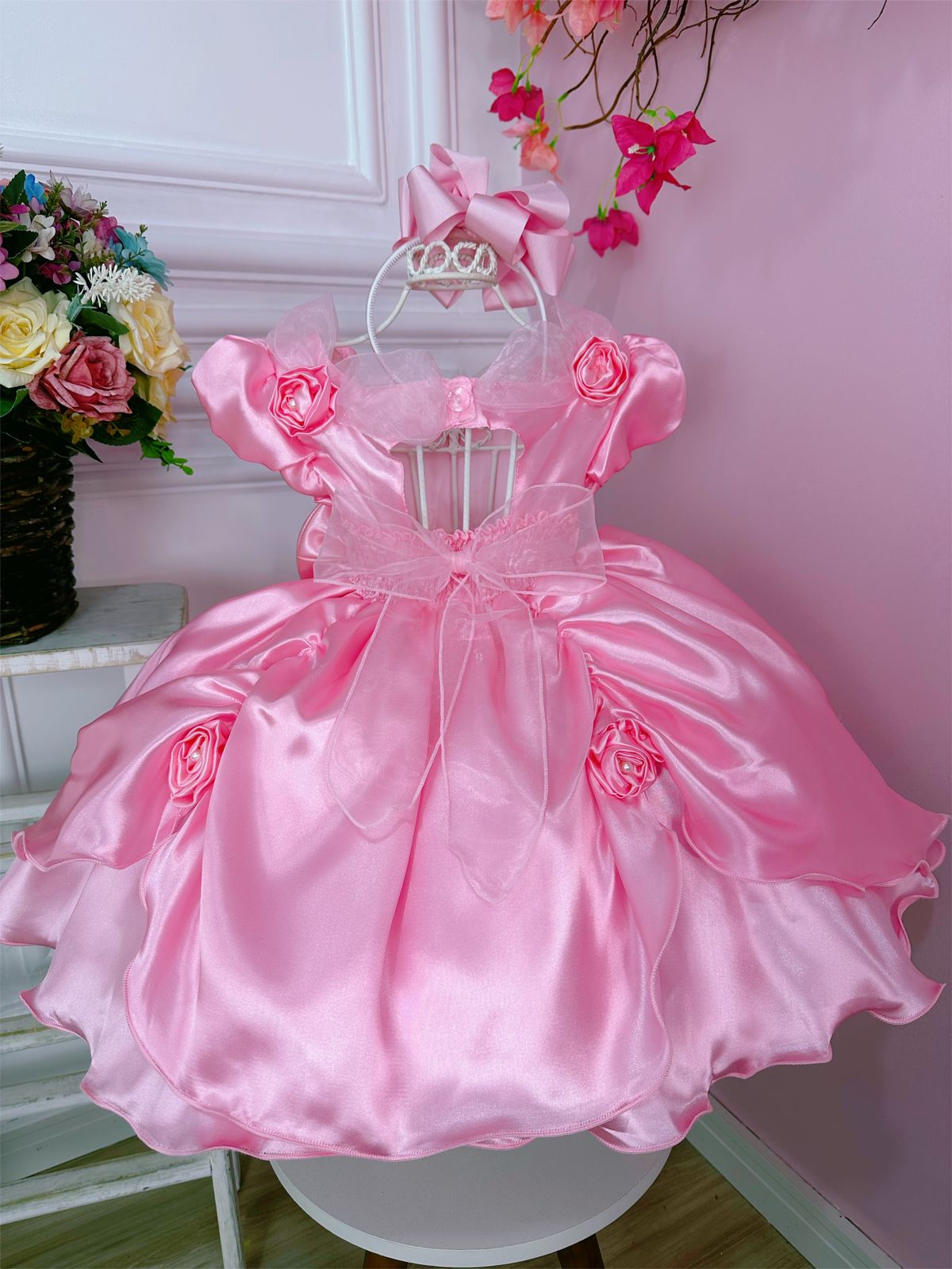 Vestido Infantil Princesa Rosa Com Aplique de Flores