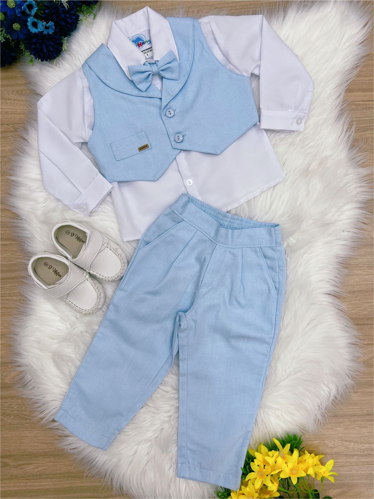 Conjunto Formal Camisa Blanca y Pantalón Chaleco Corbata Azul