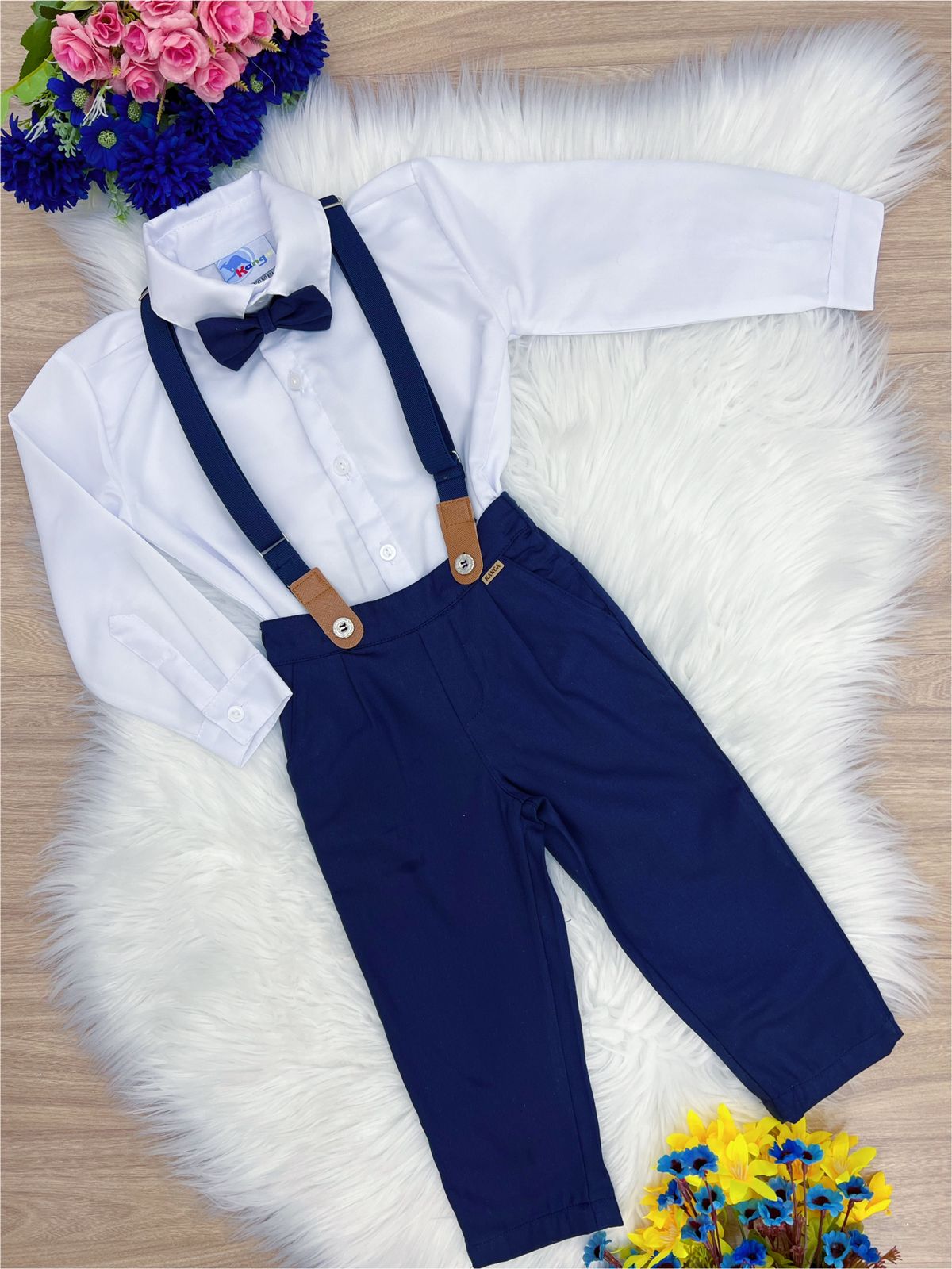 Conjunto Formal Pantalón Camisa Corbata Tirantes Azul Blanco