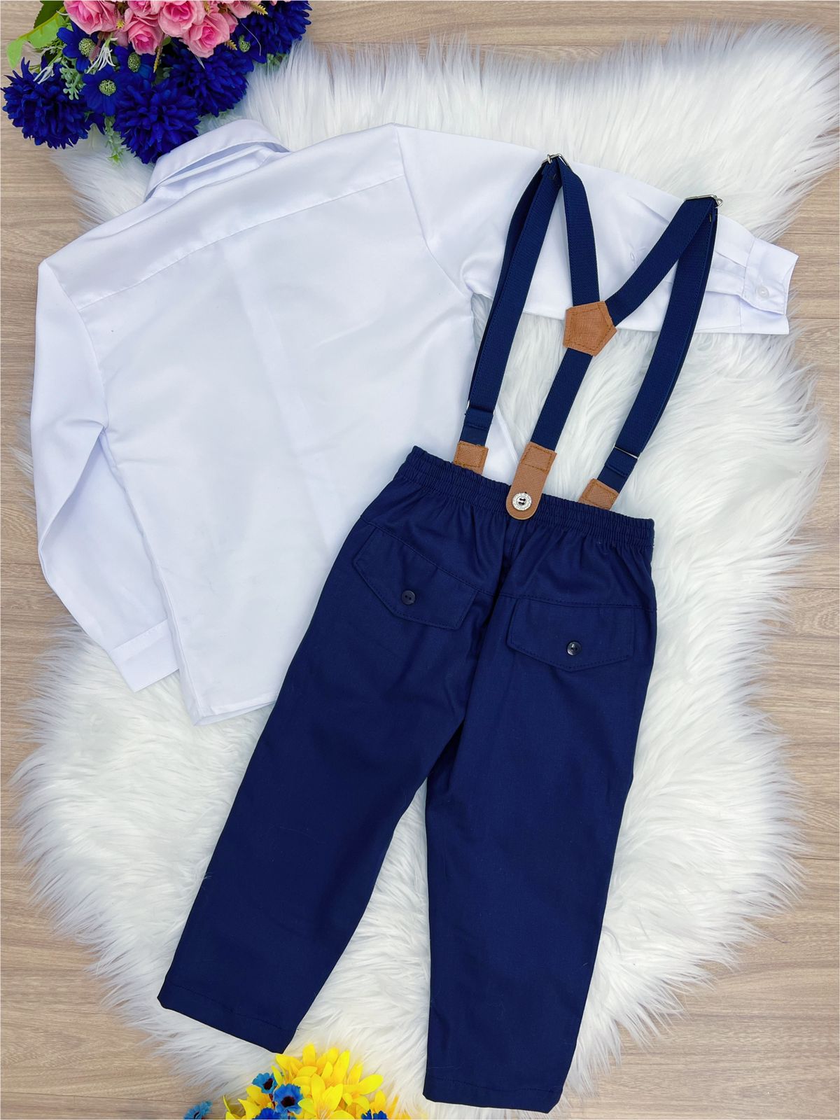 Conjunto Formal Pantalón Camisa Corbata Tirantes Azul Blanco