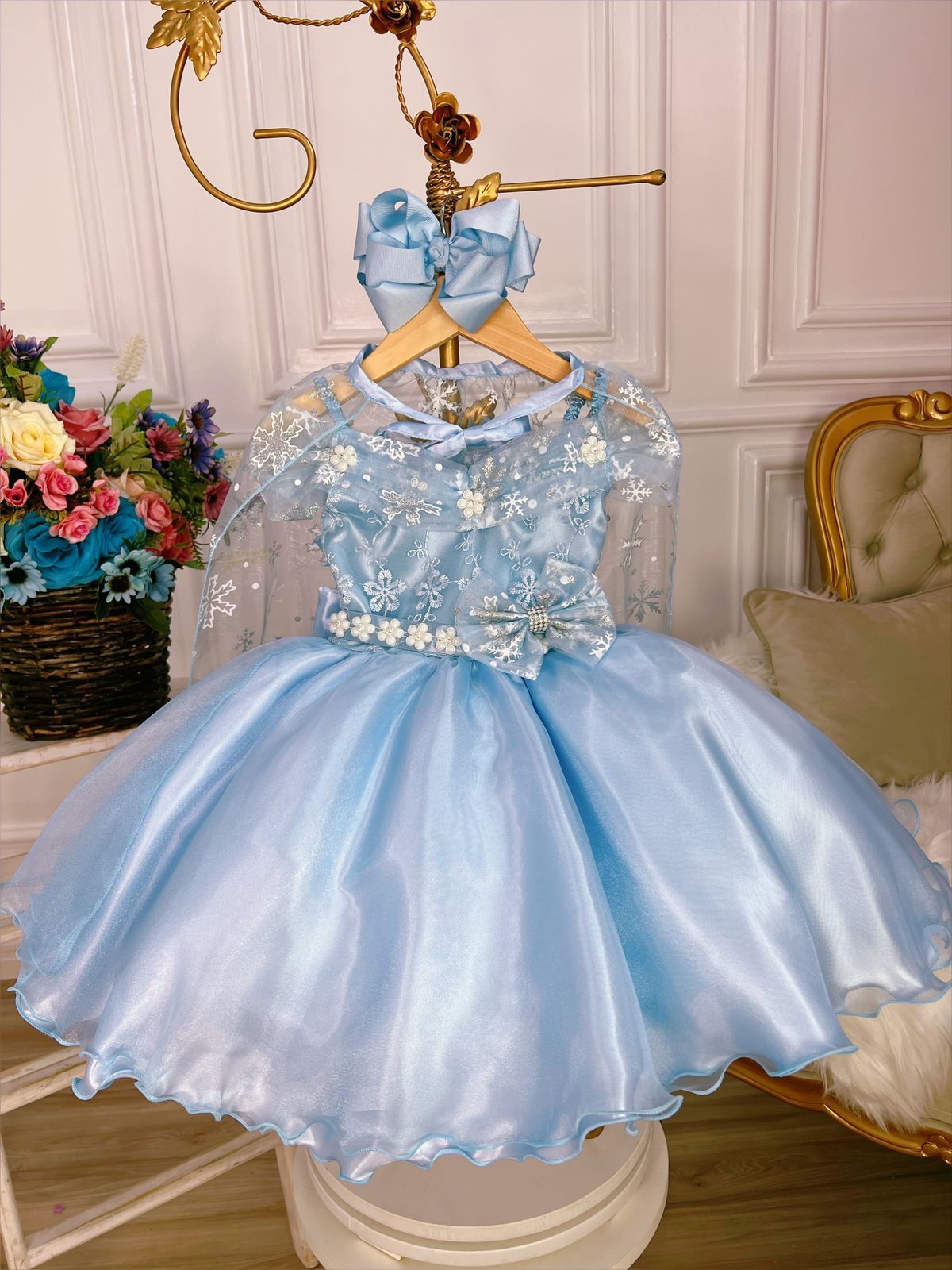 Vestido infantil de Frozen con capa y lazo para fiesta de princesas de lujo