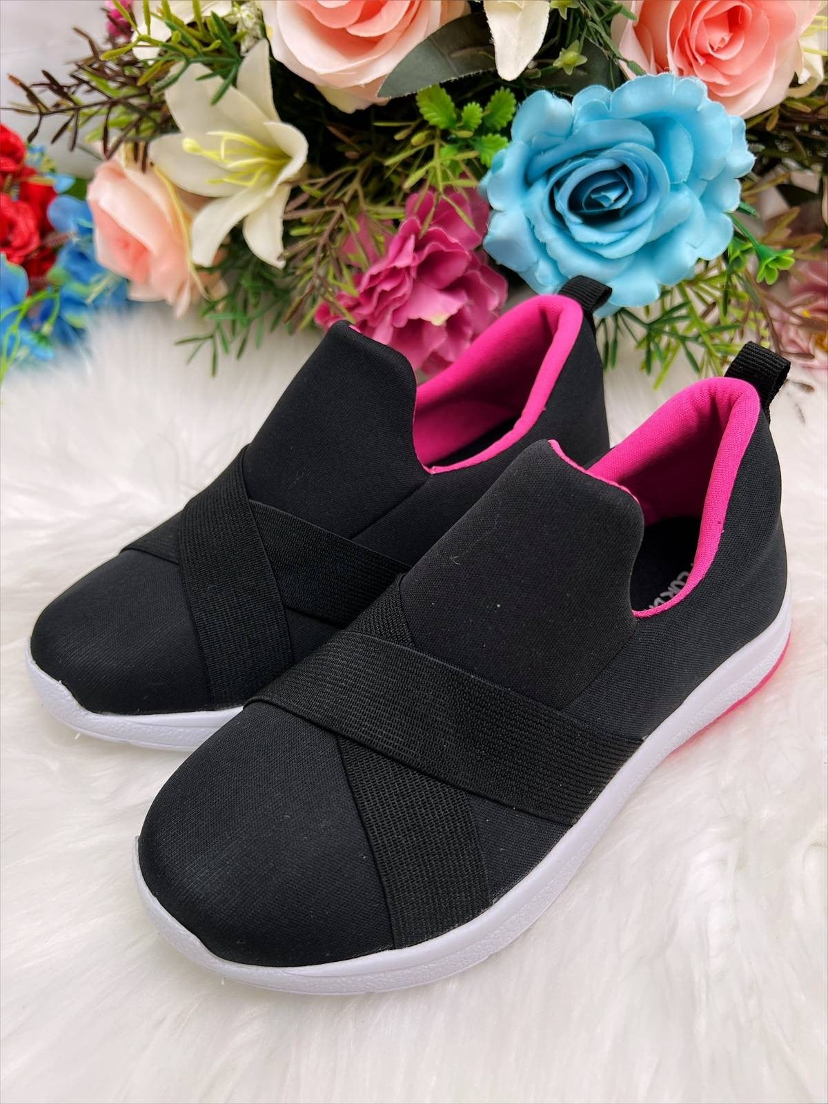 Zapatillas deportivas negras y rosas para niños, fáciles de calzar, cómodas, para niñas