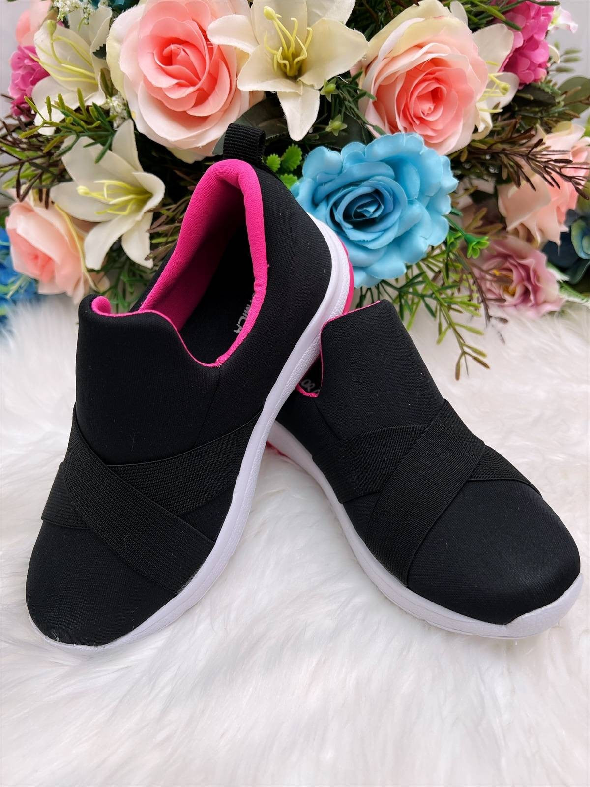 Zapatillas deportivas negras y rosas para niños, fáciles de calzar, cómodas, para niñas