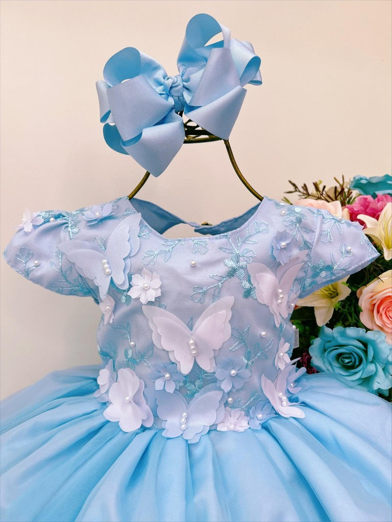 Vestido infantil azul con mariposas y flores en encaje de lujo