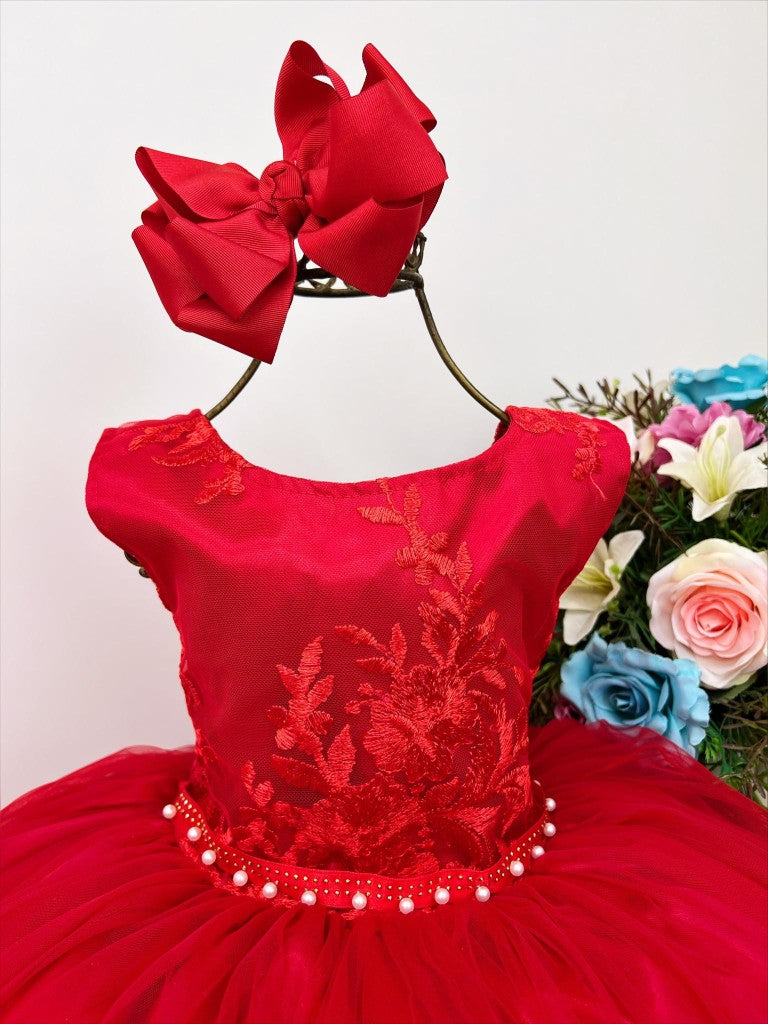 Vestido Infantil Vermelho Damas de Honra Cinto Pérola Strass