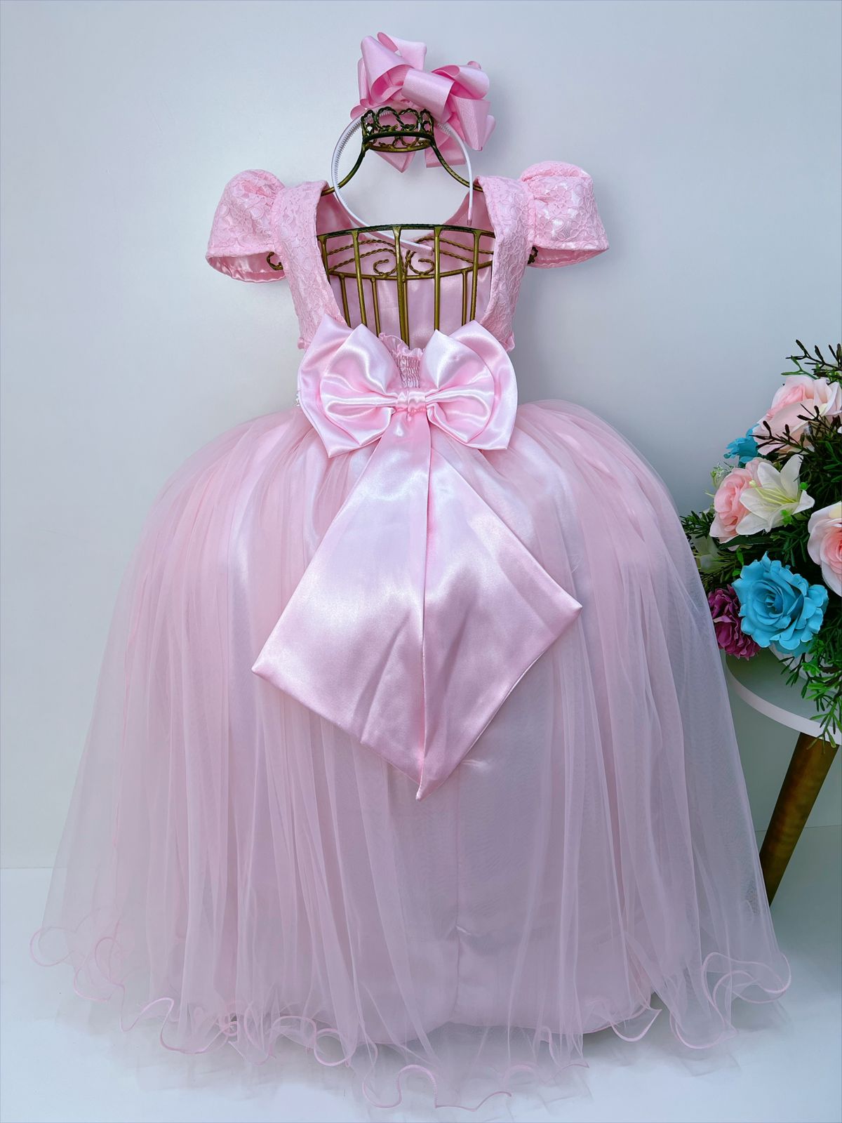 Vestido infantil largo de tul rosa con encaje para bodas y fiestas