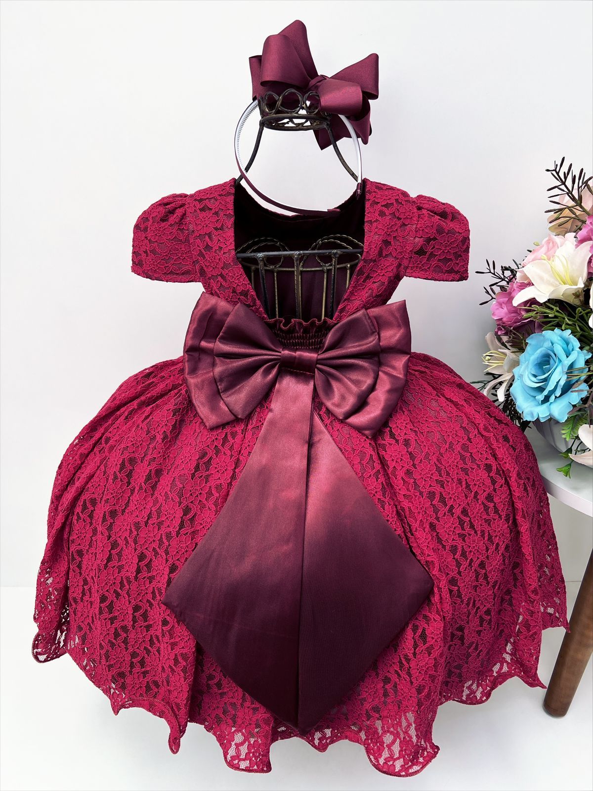 Vestido de fiesta infantil de encaje y perlas Royal Marsala