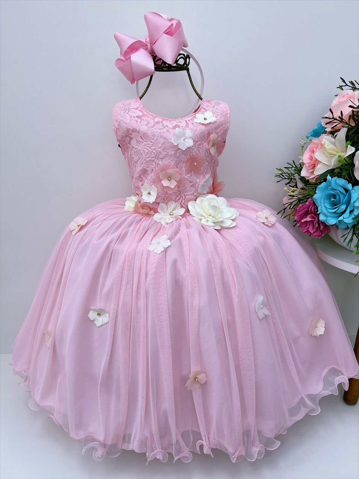 Vestido infantil de lujo rosa con apliques de flores y encaje