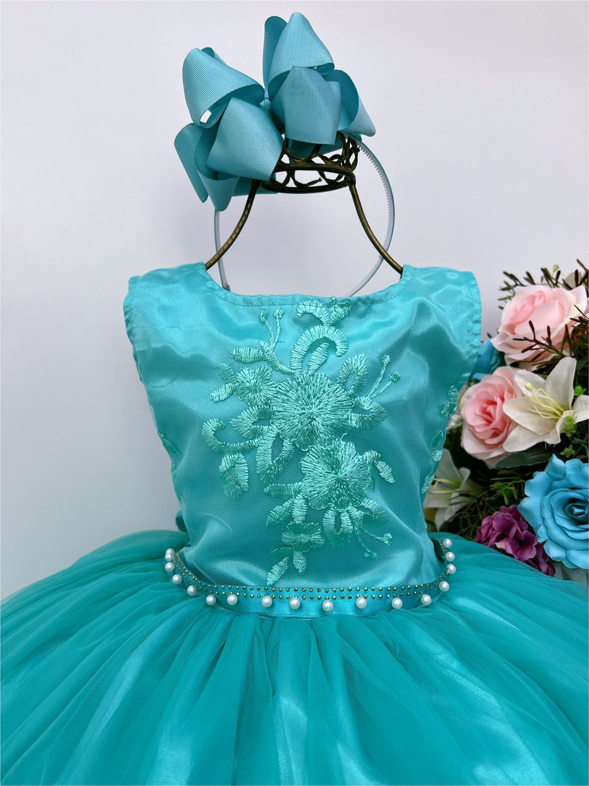 Vestido de dama de honor infantil verde con cinturón de perlas y diamantes de imitación