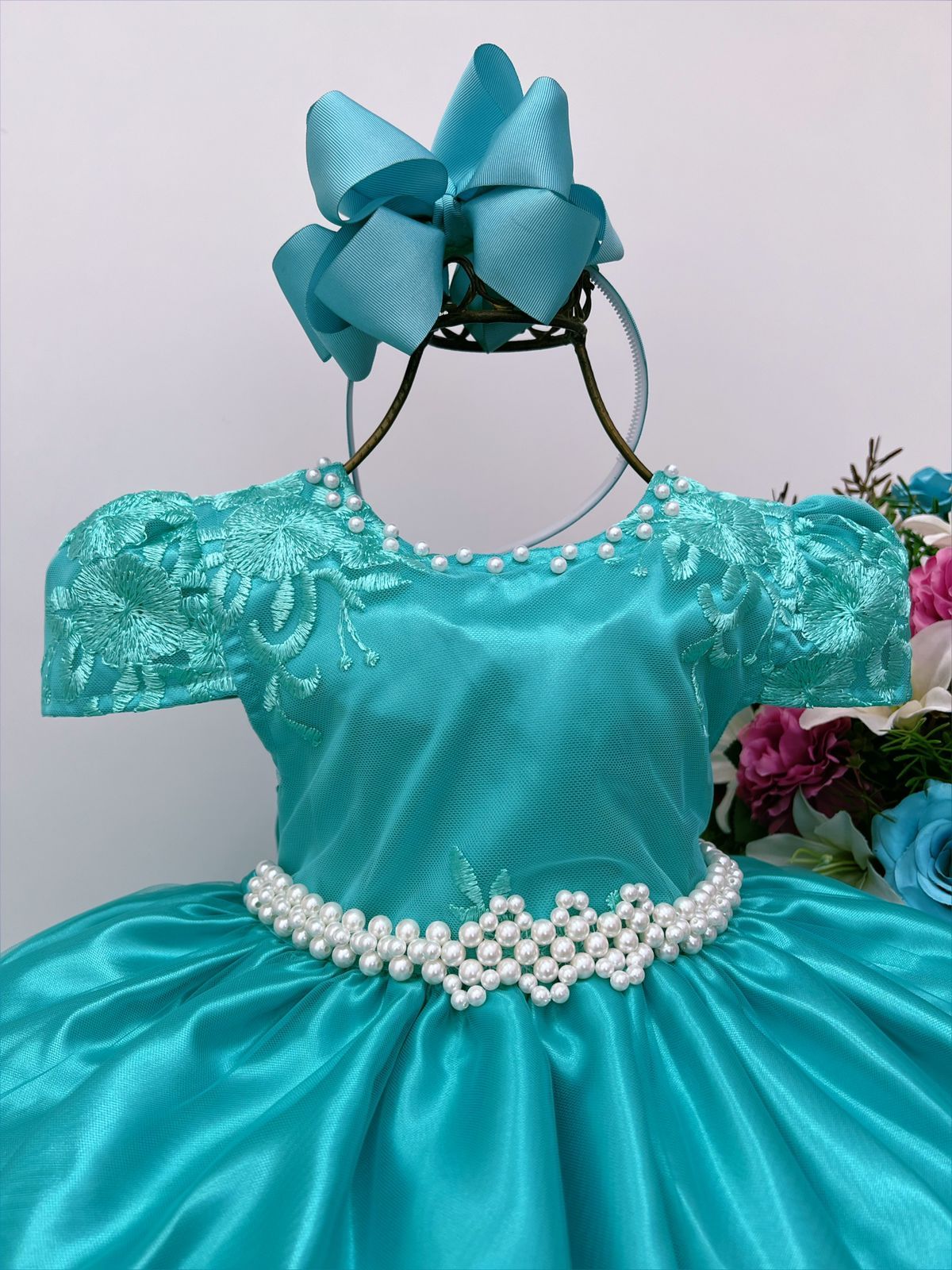 Vestido de novia infantil de encaje verde con perlas de lujo