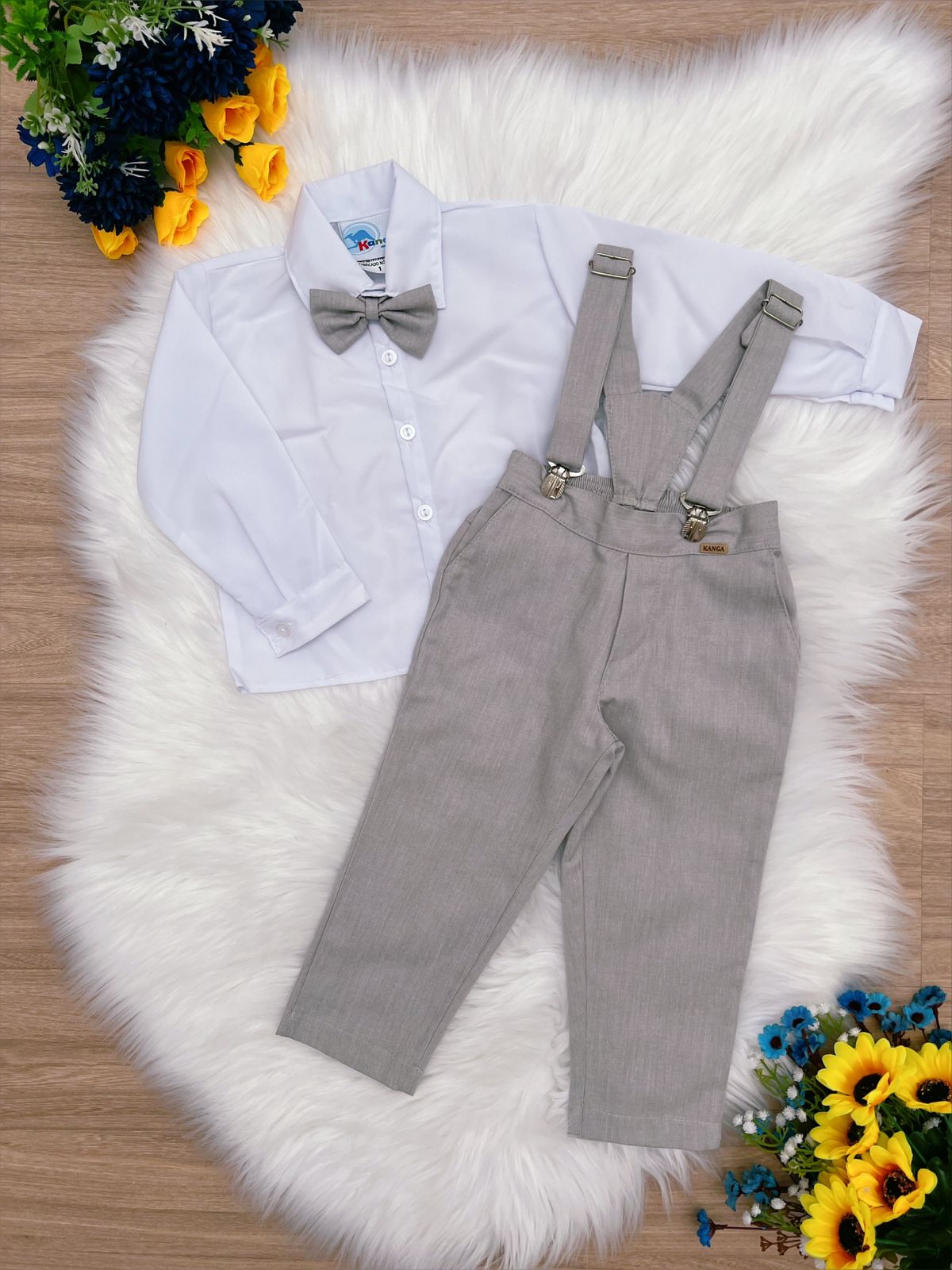 Conjunto Formal Pantalón Camisa Corbata Tirantes Gris Claro
