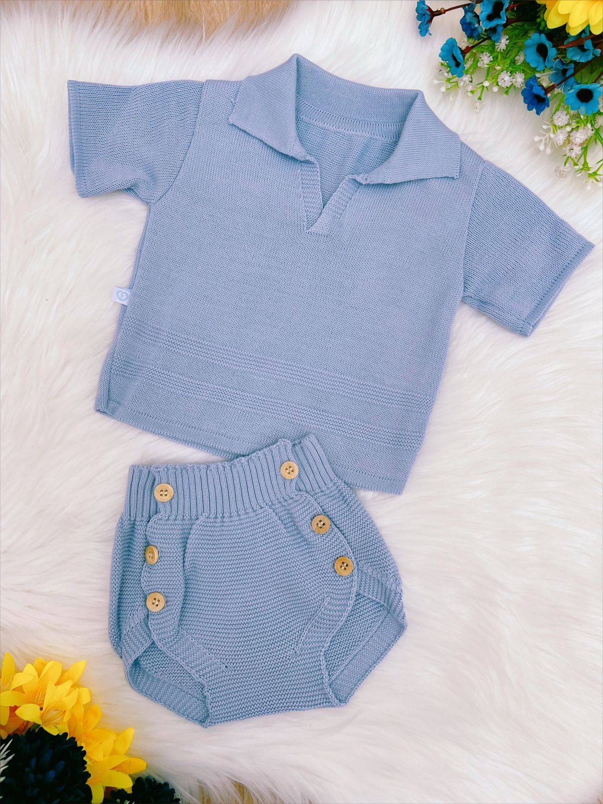 Conjunto de camisa y cubrepañal para bebé, tejido de punto azul para niño