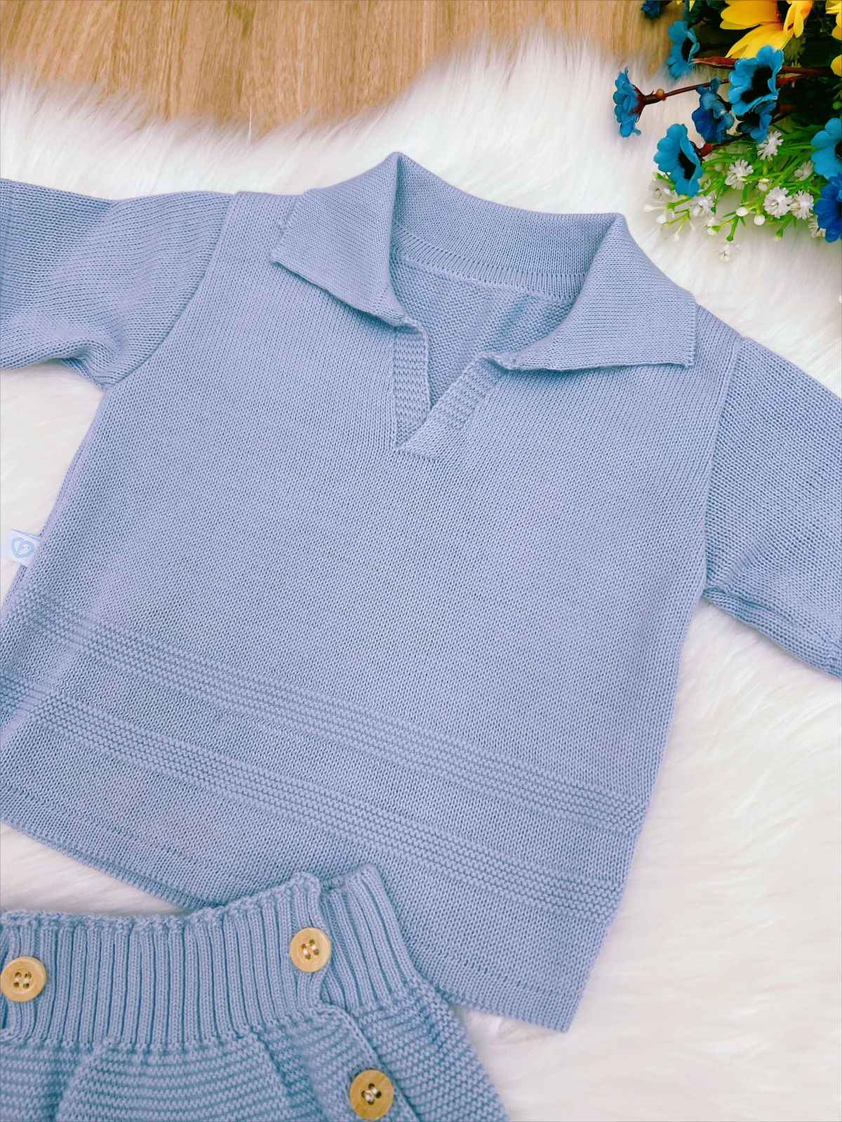 Conjunto de camisa y cubrepañal para bebé, tejido de punto azul para niño