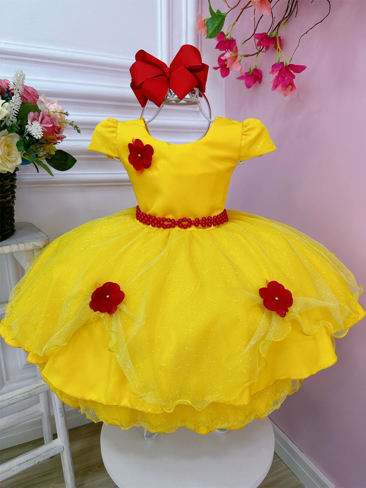 Vestido infantil de La Bella y la Bestia con falda brillante y aplique de flores