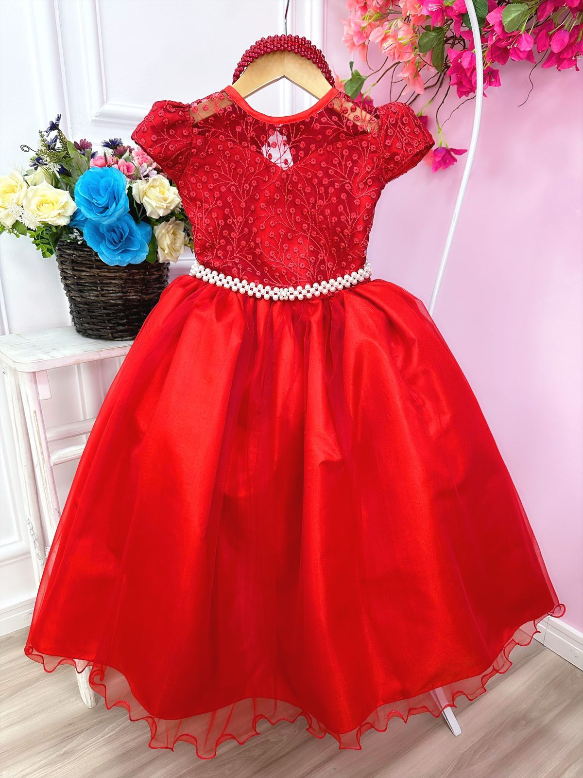 Vestido de dama de honor con encaje rojo y perlas para niñas