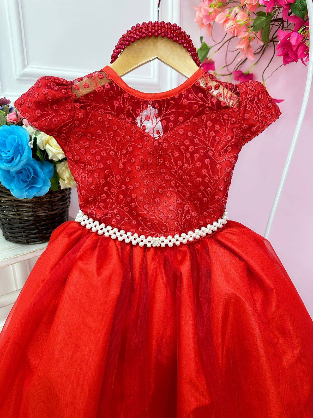 Vestido de dama de honor con encaje rojo y perlas para niñas