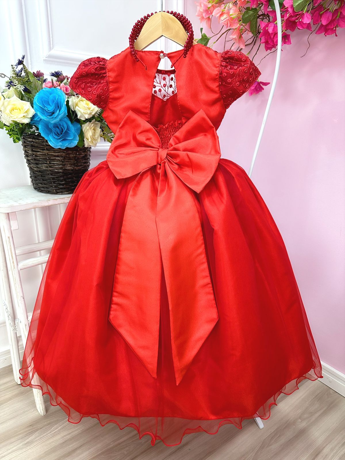 Vestido de dama de honor con encaje rojo y perlas para niñas