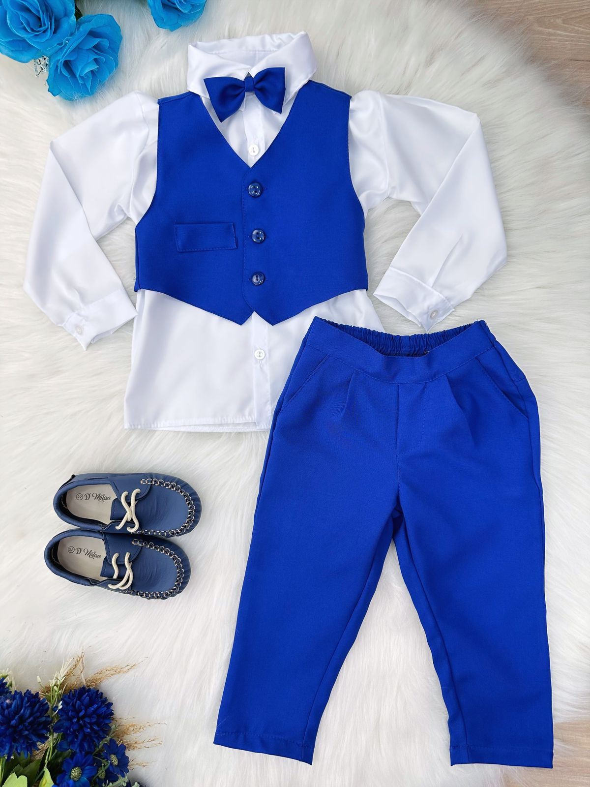 Conjunto Formal Camisa Blanca Chaleco Pantalón Azul Rey