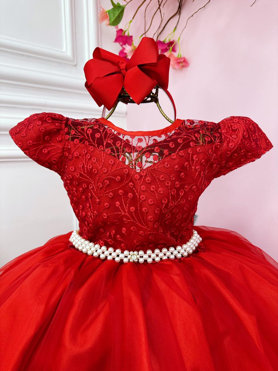 Vestido de dama de honor con encaje rojo y perlas para niñas