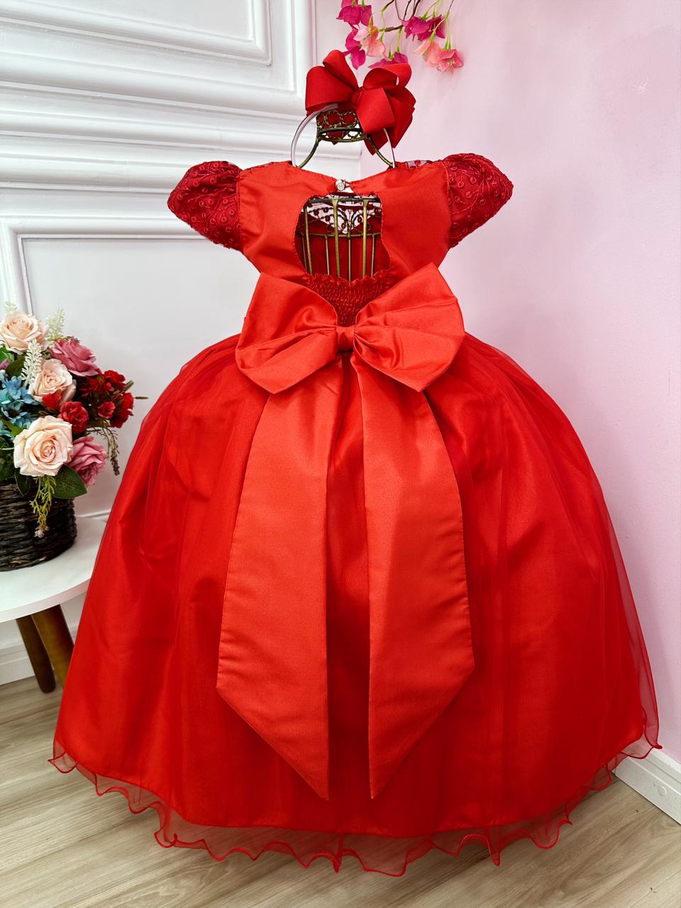 Vestido de dama de honor con encaje rojo y perlas para niñas