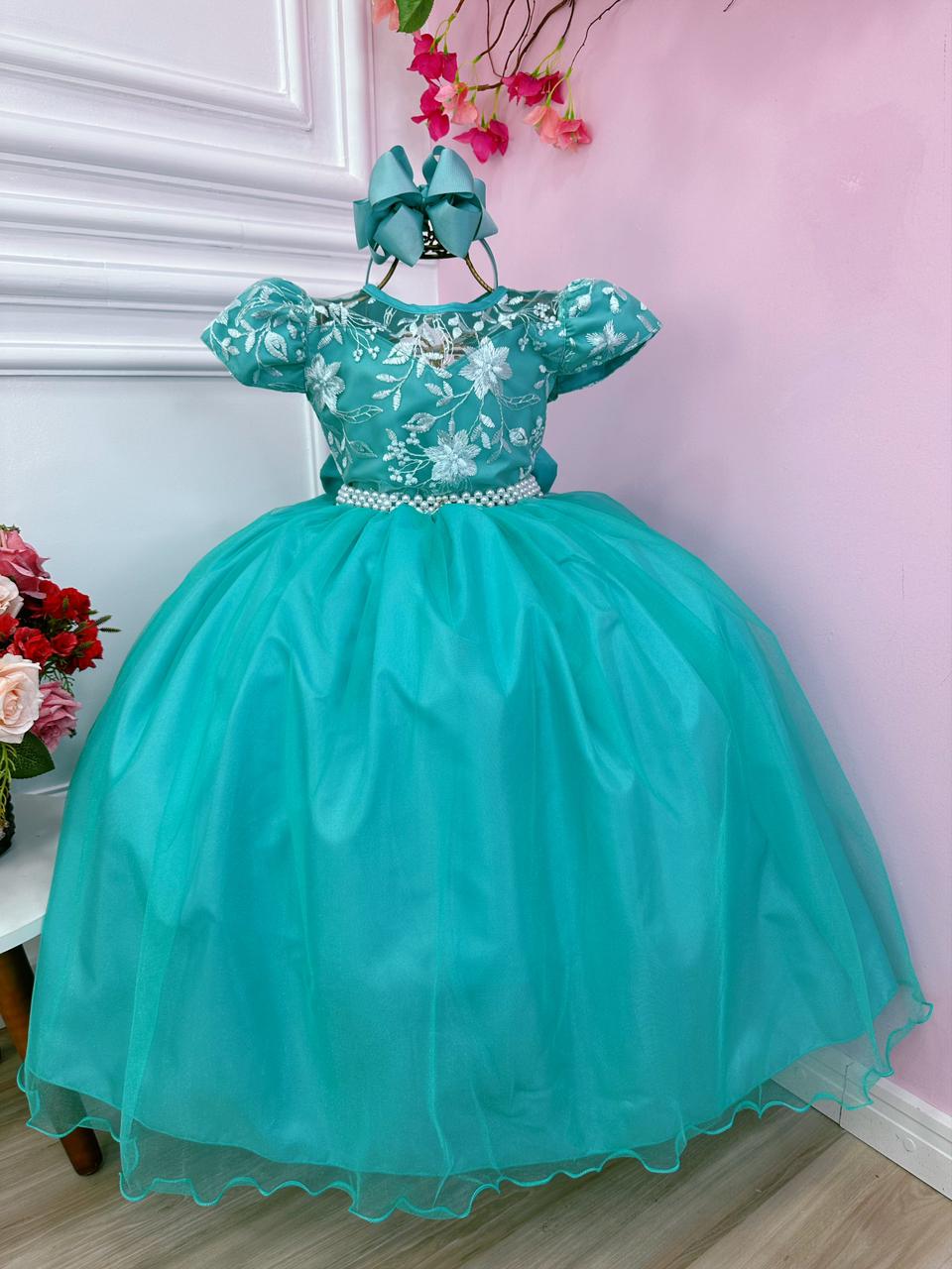 Vestido de novia verde para niña con encaje de perla para dama de honor
