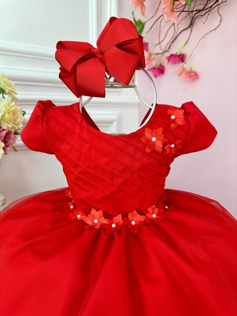 Vestido infantil rojo con busto plisado y flores para fiestas navideñas