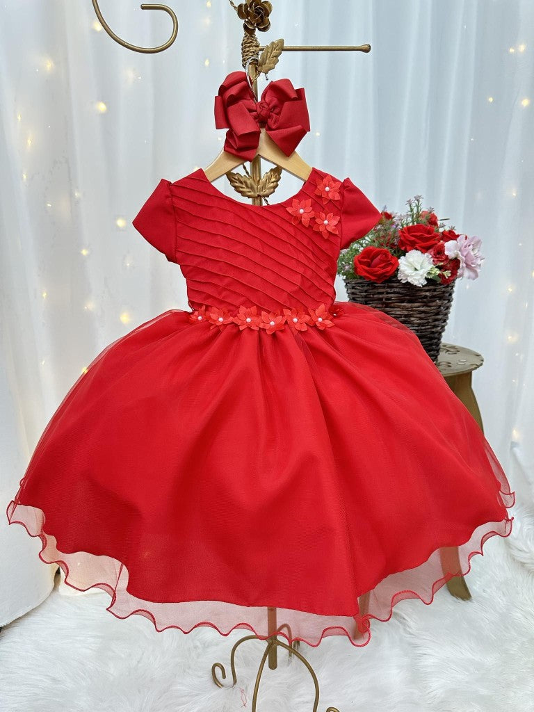 Vestido infantil rojo con busto plisado y flores para fiestas navideñas