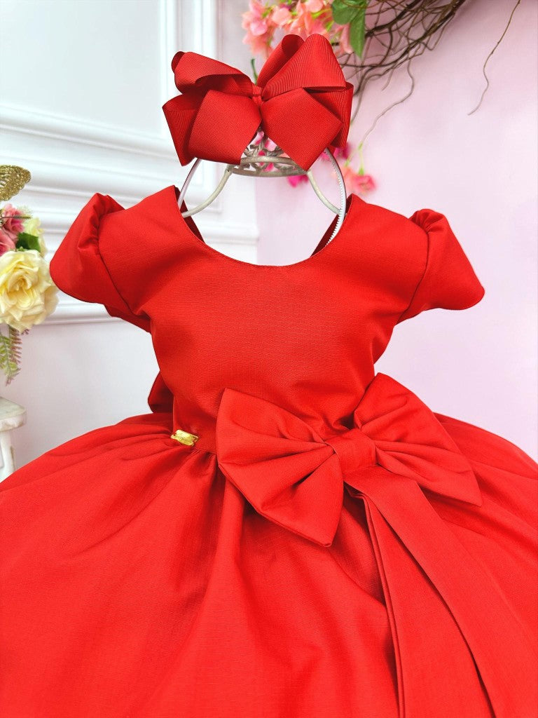 Vestido infantil rojo con aplique de lazo para damas de lujo