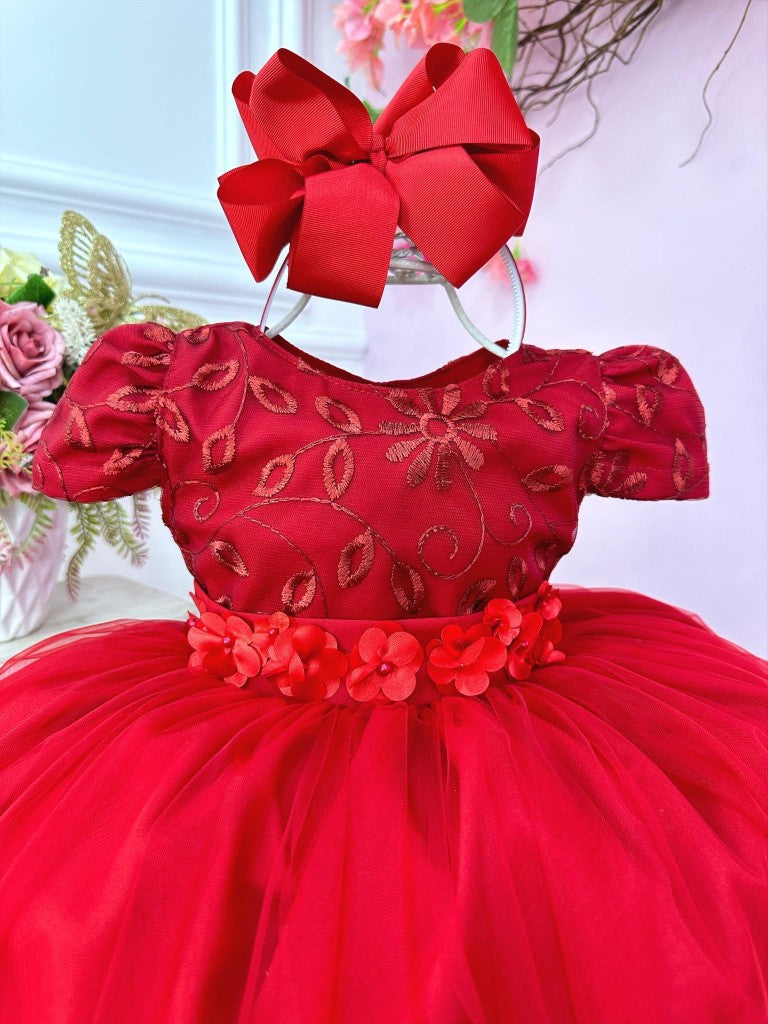 Vestido de fiesta infantil rojo con encaje y apliques de flores