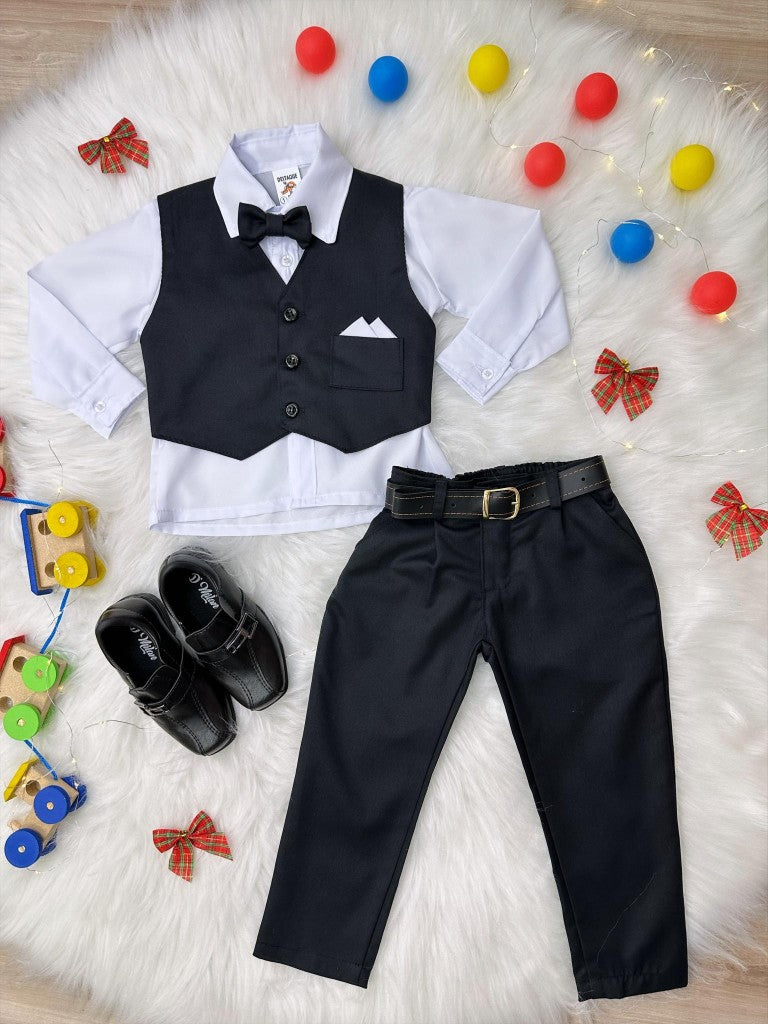 Conjunto formal: Camisa y chaleco blancos, pantalones, corbata negra.