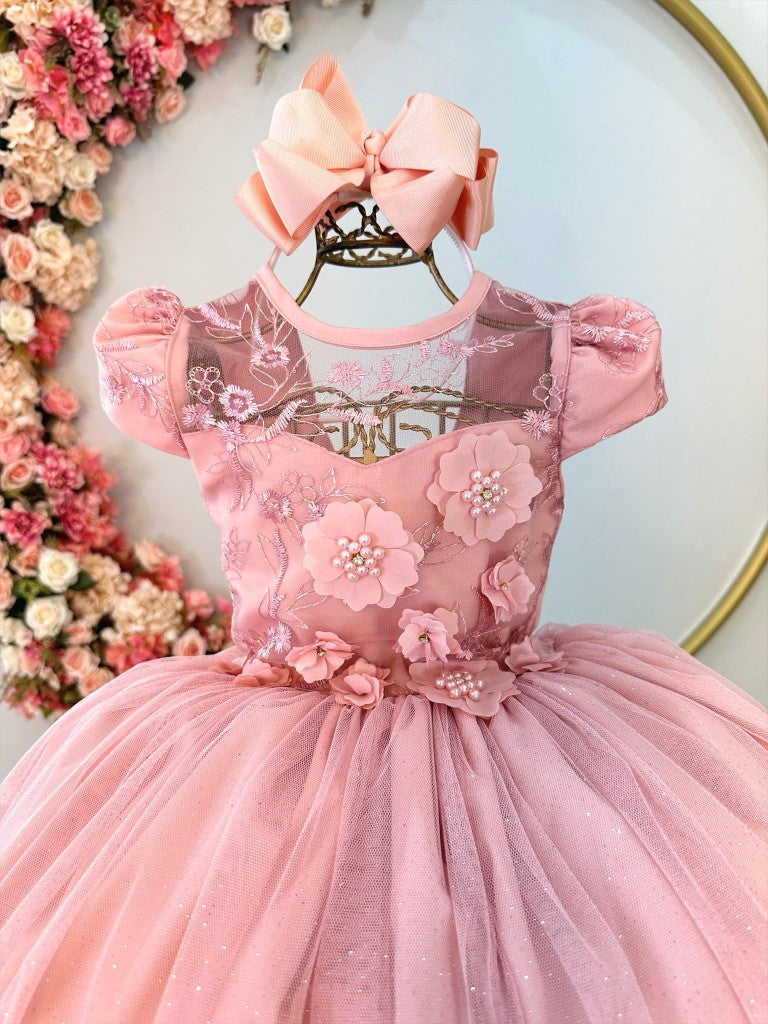 Vestido infantil rosa con apliques de flores y encaje de lujo para dama
