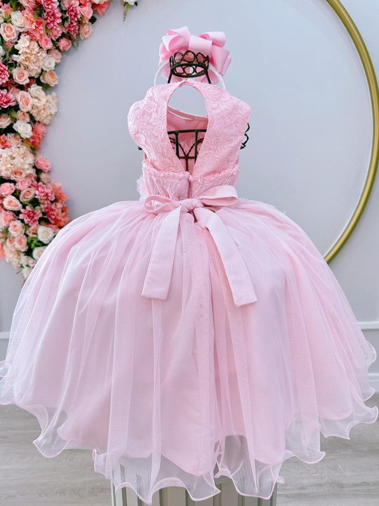 Vestido infantil de lujo rosa con apliques de flores y encaje