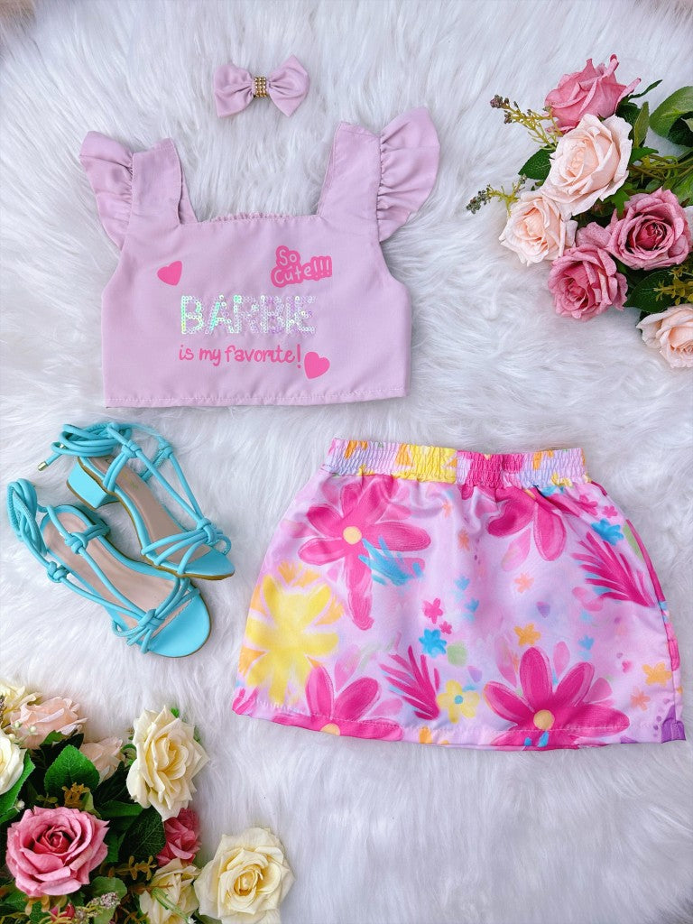 Conjunto infantil Barbie rosa con falda y lazo de colores